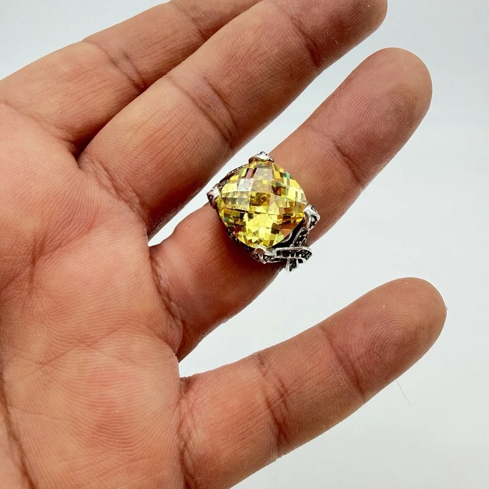 Vtg ESPO Sterling Silver Citrine‎ CZ Ring Size 6 Statement Cocktail Estate